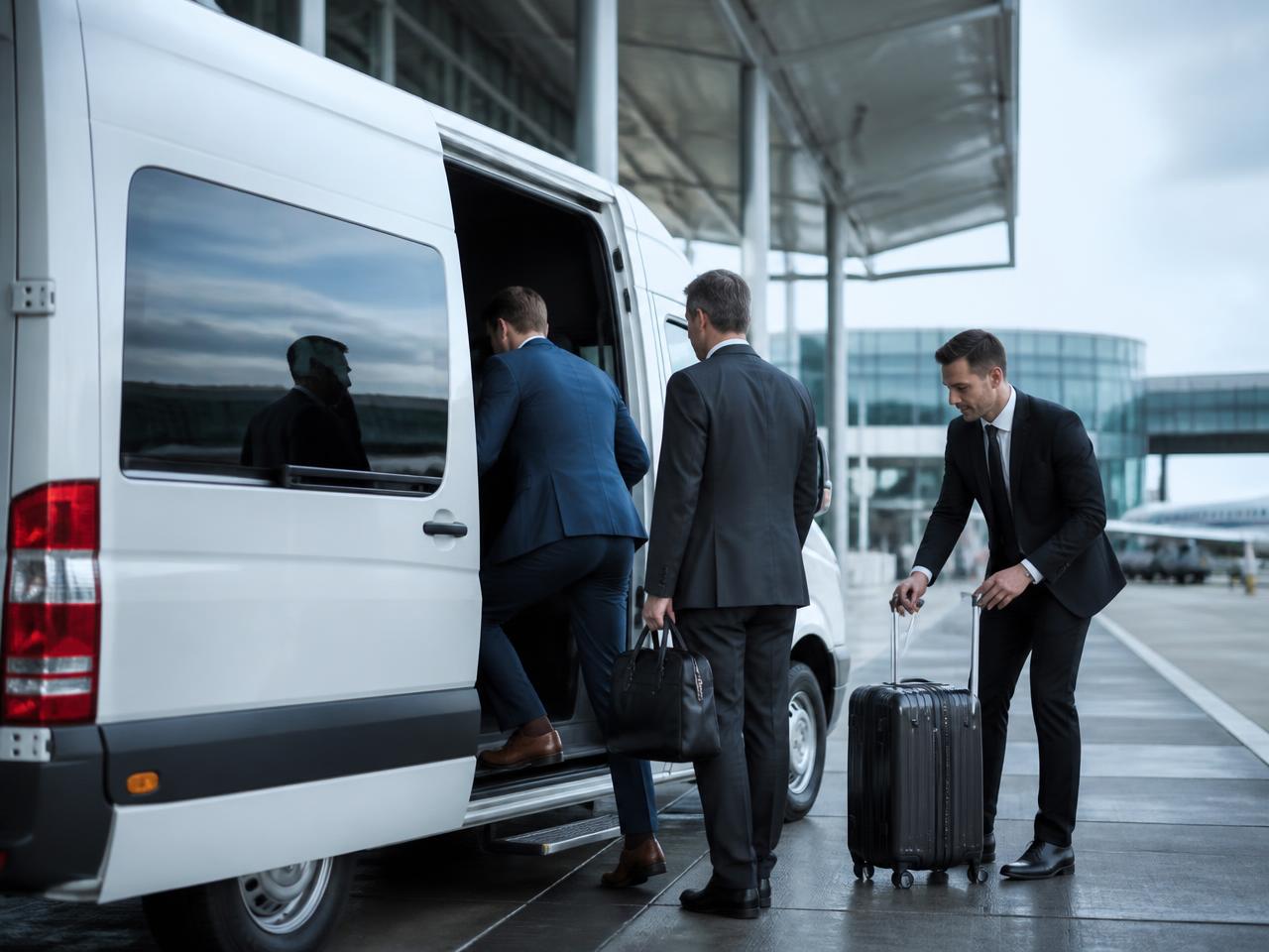Ejecutivos abordando una camioneta Maven Lines en el aeropuerto